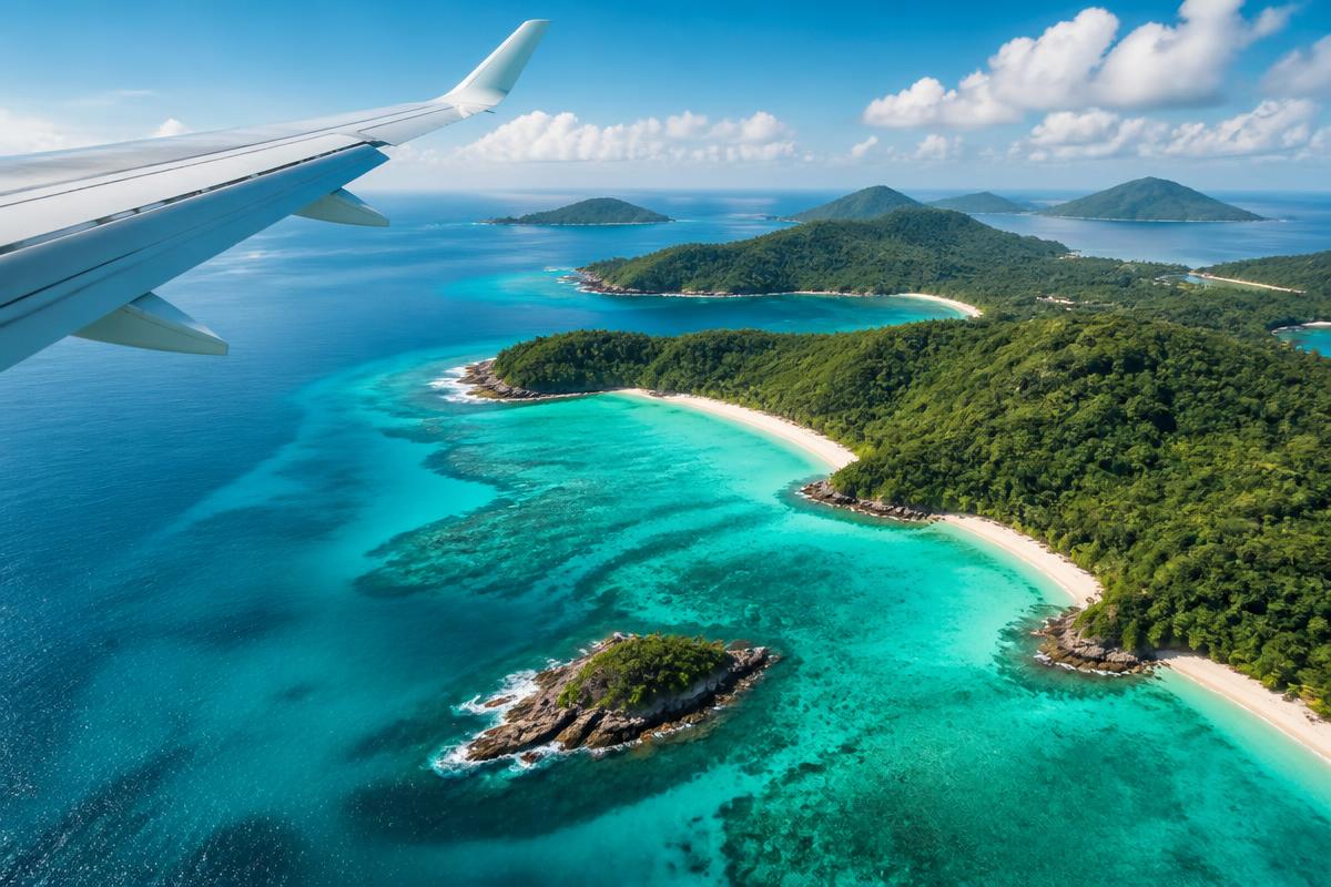 Aerial view of a tropical island from an airplane window